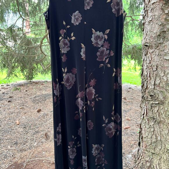 Vintage Dark Floral Velvet Maxi Dress Large Black Stretch USA Fairy Whimsigoth - Picture 7 of 15